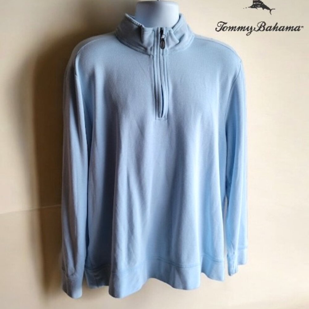 Tommy Bahama Men's Coral Seas Long Sleeve Light Blue Cotton Half Zip